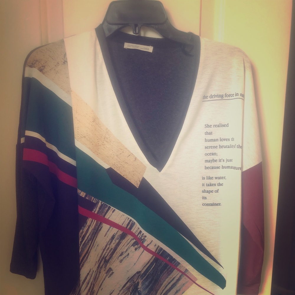 Zara Asymmetric over sized v neck shirt 3/4 sleeve